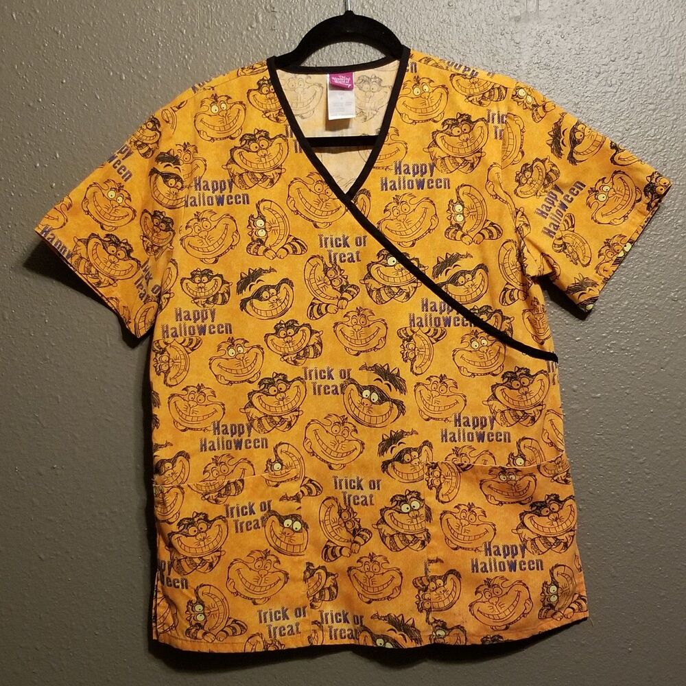 Disney Small Scrub Top Cheshire Cat Alice in Wonderland Halloween Orange Fall